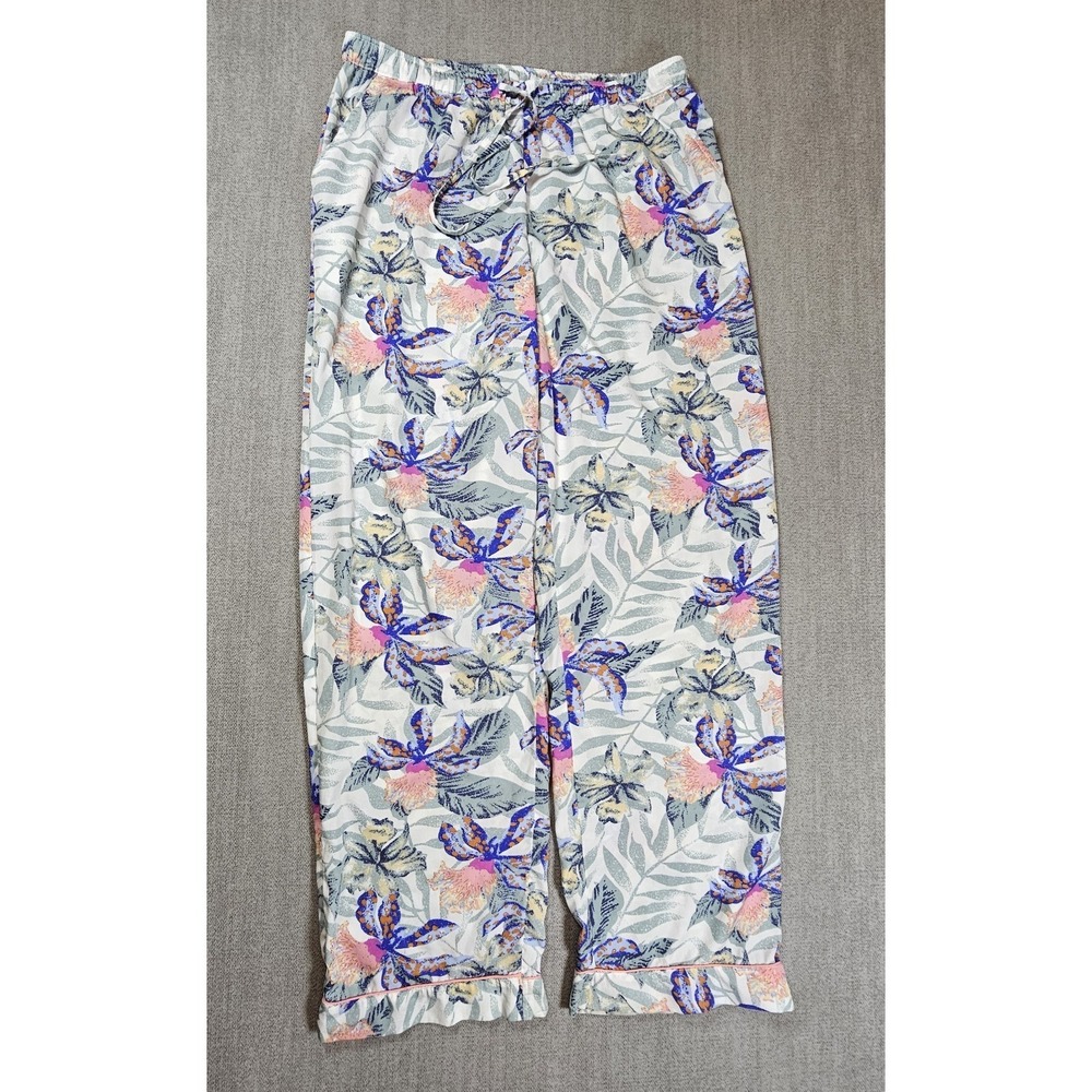 Isaac Mizrahi Floral Satin Pajama Pants Women‎ M Drawstring Ruffle Lightweight